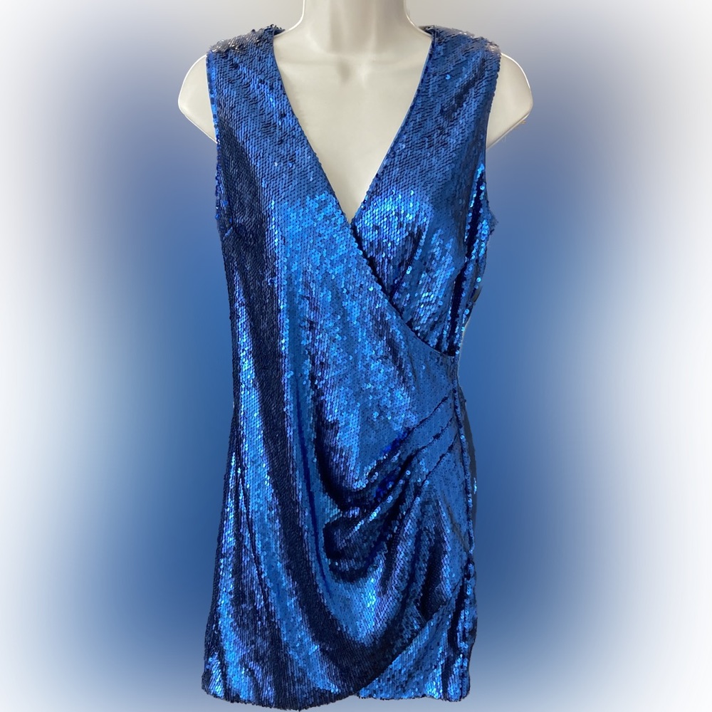 🔥 NWT Aqua Sleeveless Blue Sequin Cocktail Dress with V Neck Size Small - Picture 4 of 7